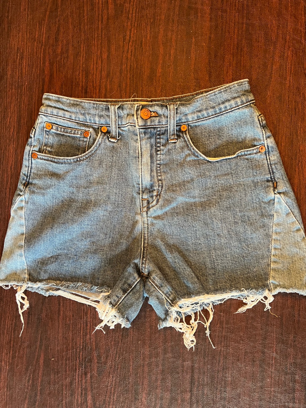 Madewell Medium Wash High Rise Denim Shorts with Side Panel and Distressing